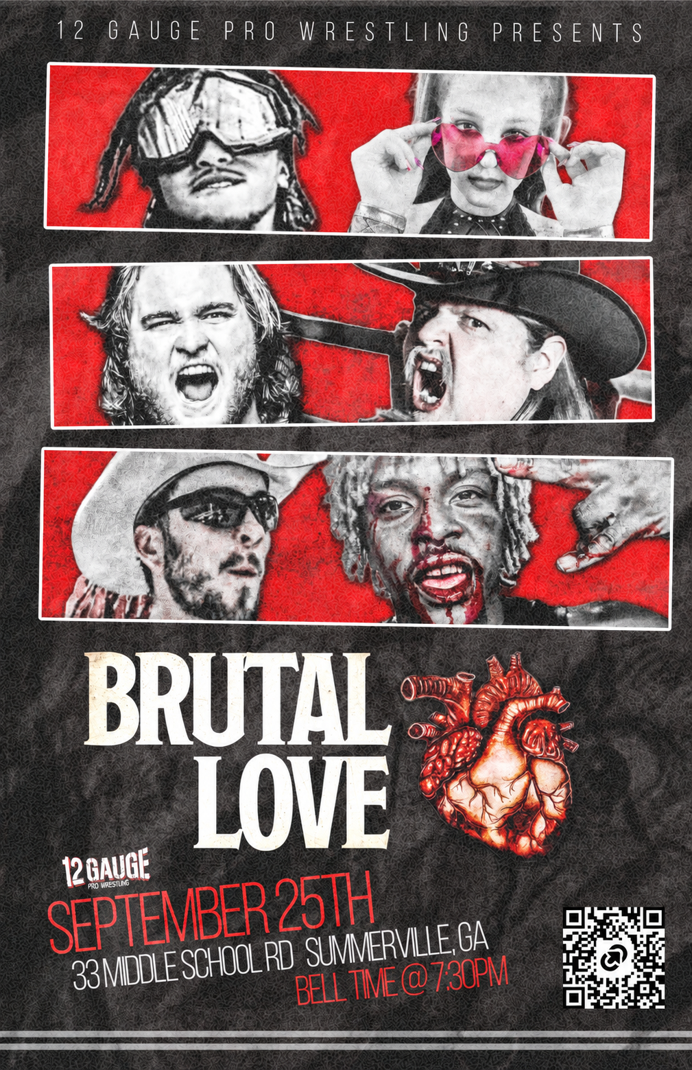 Brutal Love event poster featuring the 12 Gauge Pro Wrestling roster