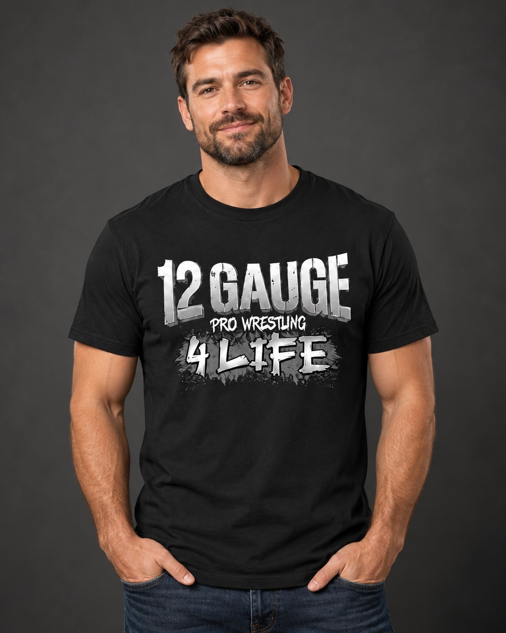 Adult man modeling the black 4 Life T-Shirt