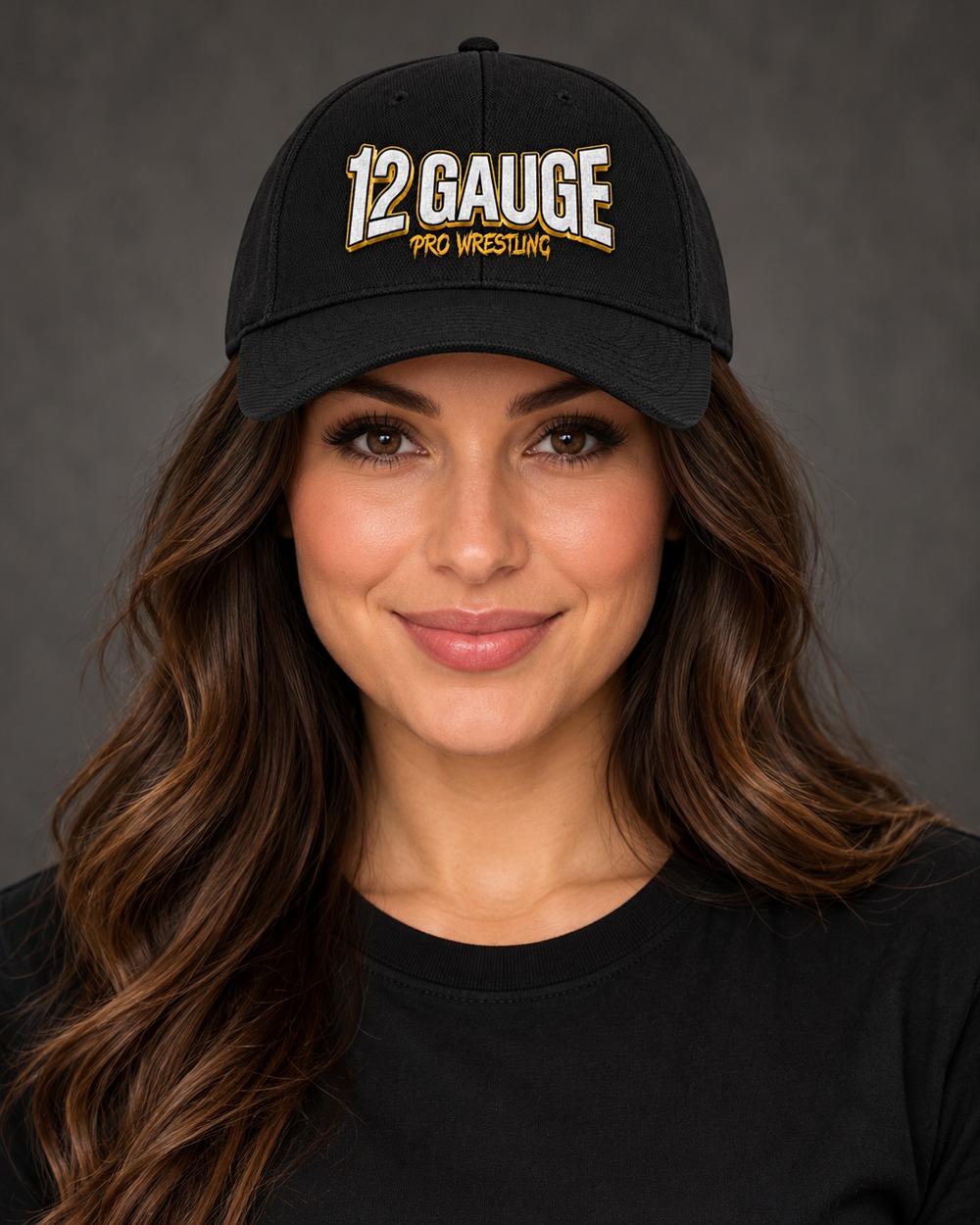 Adult woman modeling the black 12 Gauge baseball cap